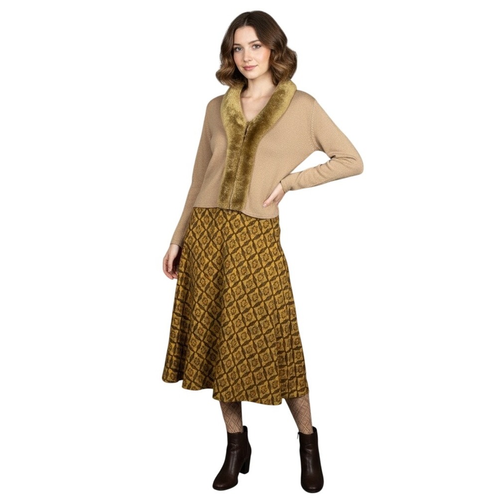 Soft Surroundings‎ Silk Cashmere Cardigan Faux Fur Trim Tan M Vintage Retro